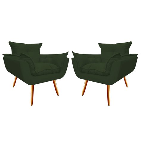 Kit 2 Poltronas Decorativa Opala Suede Verde Pés Madeira Mz Decor