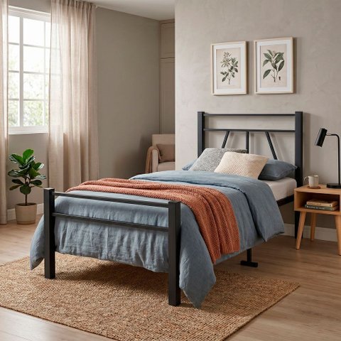 Cama Solteiro de Ferro Reforçada Estrutura Metálica Resistente com Colchão D20 para Quarto - Preto