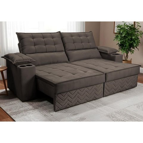 Sofá Retrátil e Reclinável 2,10m Verona com Porta Copos Velupluma Café Cama Inbox