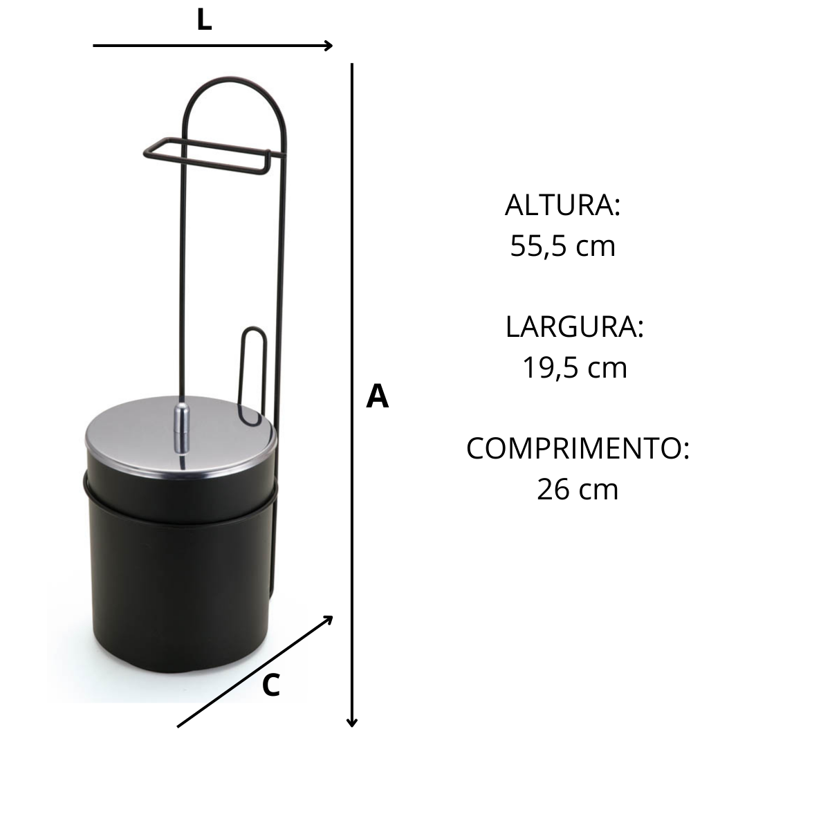 Suporte Chão Papel Higienico com Lixeira Tampa Inox Preto - 5