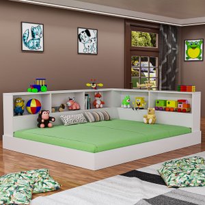 Cama Moderna de Chão com Estante com Nichos em Mdf