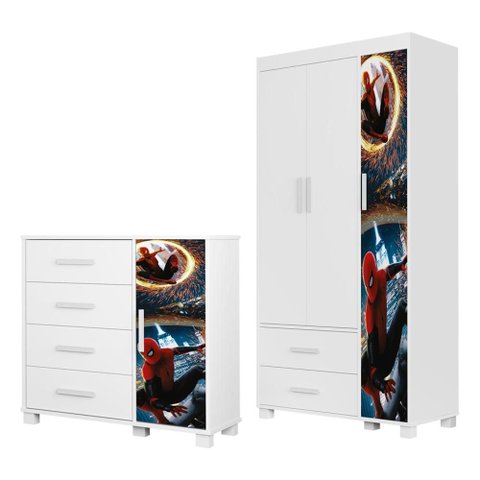 Guarda Roupa Infantil 3 Portas 2 Gavetas e Comoda 4 Gavetas 1 Porta Mdf Livia Aranha Decmade