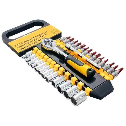 Kit Chave Catraca Reversível 1/4" com 28 Peças Jogo de Extensor, Soquetes e Bits + Estojo