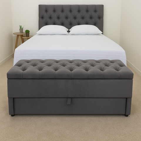 Kit Baú Casal Gaveta Modelo Sapateira e Cabeceira com Fixação no Box 140x117cm na Cor Cinza Escuro