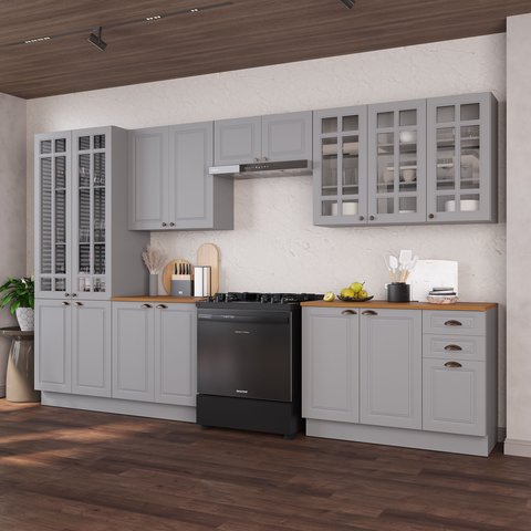 Cozinha Modulada 6 Peças Cristaleira 2 Balcão com Tampo e 3 Aéreos 100% MDF com Vidro e Rodapé Bari Cinza/Titânio Fosco