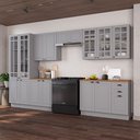 Ver imagem 1 de Cozinha Modulada 6 Peças Cristaleira 2 Balcão com Tampo e 3 Aéreos 100% MDF com Vidro e Rodapé Bari Cinza/Titânio Fosco
