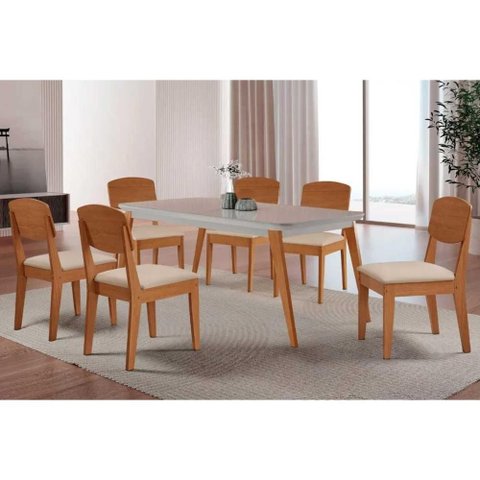 Conjunto: Mesa de Cozinha Havana Curvo 180cm + 6 Cadeiras Havana Naturale/Off White - Suede Creme -