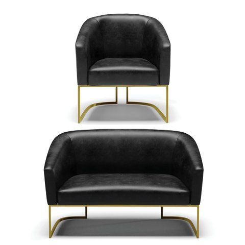 Sofá Namoradeira e Poltrona Base Industrial Dourado Stella Corano Preto D03 - D'Rossi