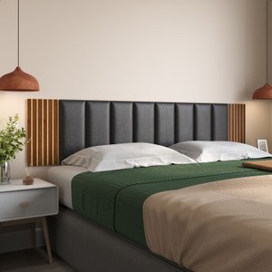 Cabeceira de Cama King 10 Módulos Estofados Corino Preto e 2 Módulos Ripados Mdf