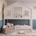 Ver imagem 1 de Beliche Infantil Montessoriano com Varanda e Grade Proteção Casinha Dos Sonhos Madeira Maciça