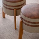 Ver imagem 2 de Conjunto 2 Puff Pix Redondo para Sala ou Quarto com Detalhes em Couro na Lateral e no Assento - Bege