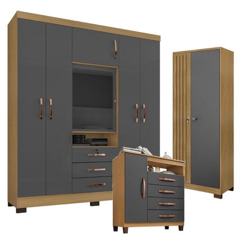 Guarda Roupa Casal Imperial e Cômoda Sapateira Cannes com Armário Multiuso Versatile Carvalho Americ
