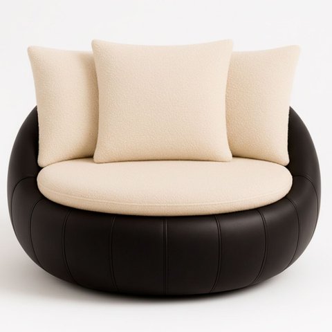 Poltrona Giratória 127cm Golden Courino Preto / Bouclé Off White - Sallar Home