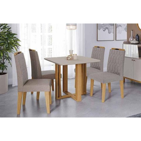 Sala de Jantar Completa Flora Tampo Madeirado C/ Vidro 95x95cm e 4 Cadeiras Paola Cinamomo/off White