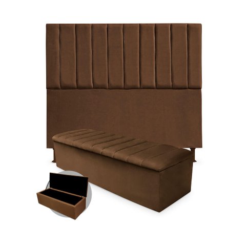 Kit Cabeceira + Calçadeira Baú Cancun Casal 140cm Suede - Ecotec Decor:Marrom