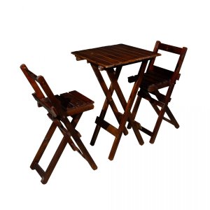 Mesa Bistrô Alta Dobrável 60x60 com 2 Banquetas para Restaurantes, Bares e Áreas Externas Tabaco Mon