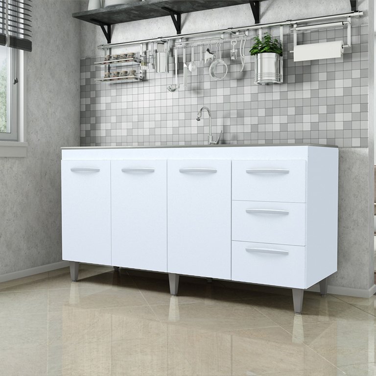 Balcão Cozinha para Pia de 160cm Emily 3 Portas e 3 Gavetas Branco Móblis