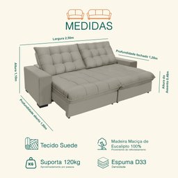 Sofá Retrátil e Reclinável 2,50m Molas Ensacadas Veludo Califórnia Bege | Camurça - 3