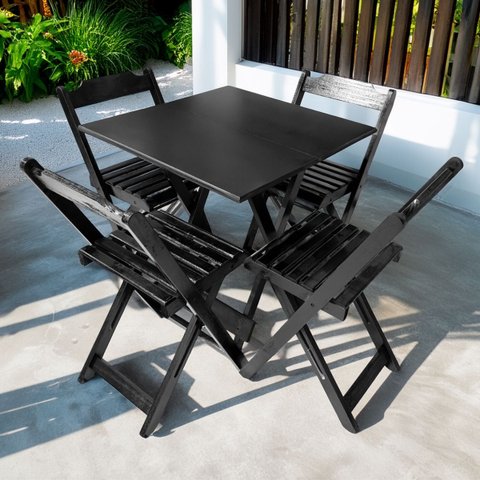 Mesa Dobrável 70x70 com 4 Cadeiras Preta