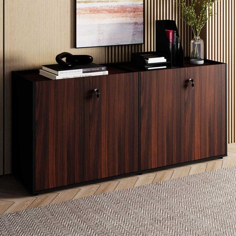 Armário Baixo 158,5cm Duplo com 4 Portas Tampo Embutido Corporate Marrom/Nogal/Preto