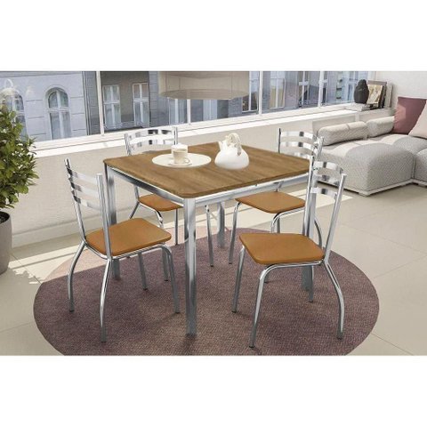 Conjunto: Mesa Sala Jantar Reno C/ Tampo de Madeira 90cm e 4 Cadeiras Portugal Cromada/capuccino