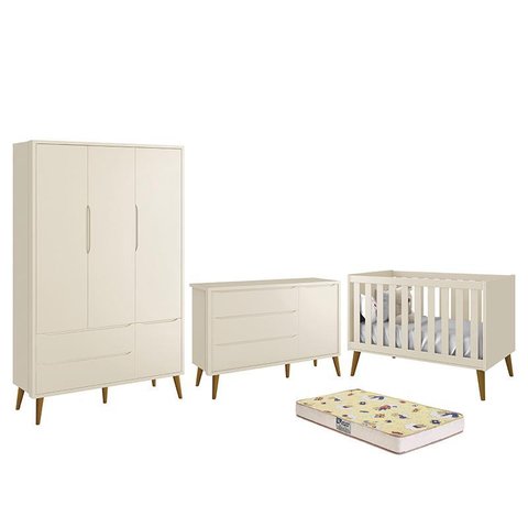 Dormitório Infantil Theo Retrô 3 Portas, Cômoda 1 Porta, Berço Areia Fosco com Pés Amadeirado e