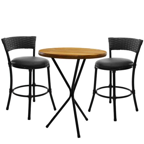 2 Banquetas Forts Baixa Fibra Preto Aço Carbono Bistrô com Tampa Madeira