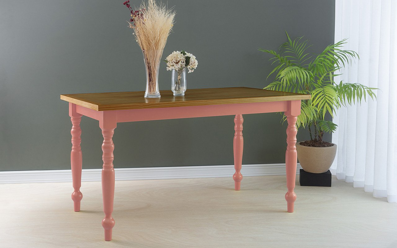 MESA DE MADEIRA MACIÇA TORNEADA CAMPESINA TAMPO CAPUCCINO PÉS LACA ROSA ...