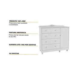 Cômoda Infantil Elô Peroba 100% Mdf Branco 4 Gavetas 1 Porta - 2
