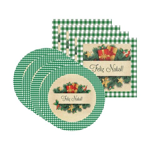 Kit Capa Sousplat + Guardanapo Natal Borda Xadrez - 4 Peças