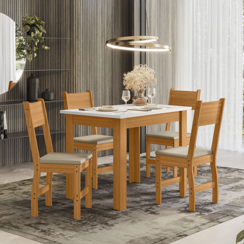 Conjunto Mesa Bellagio 108cm 4 Cadeiras Milano Sala Jantar Estofadas Courvin MDP - Freijó/Offwhite