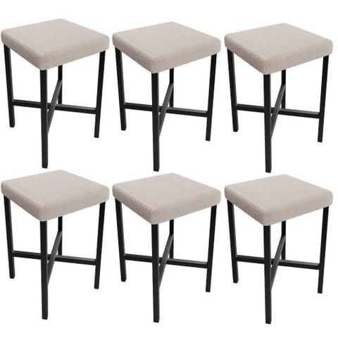 Kit 06 Banquetas Baixa Bar Cozinha Sala de Jantar Preto Stella L02 Bouclê Creme - Lyam Decor