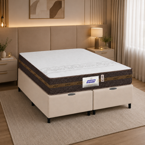 Cama Box Baú Queen Colchão Gazin Molas Flora 158x188x63cm (Bege)