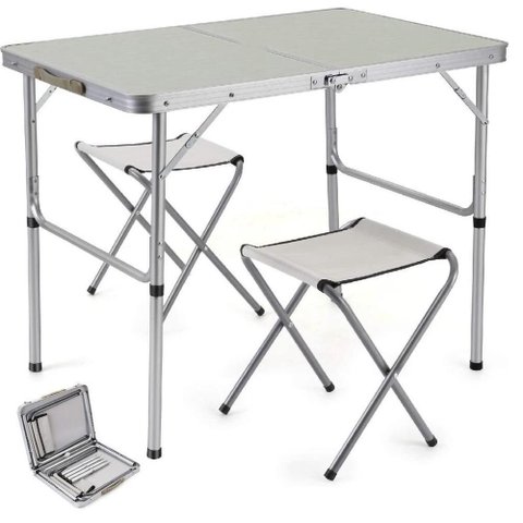 Mesa Dobrável Maleta Alumínio + 2 Bancos Camping Praia Alça