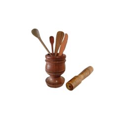 Kit Culinário De Pau Madeira Pilão Colher Espátula Faquinha - 1