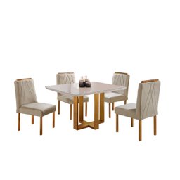 Conjunto Sala de Jantar 4 Lugares Paris Madeira Maciça Mesa Quadrada Veludo Bege - 1