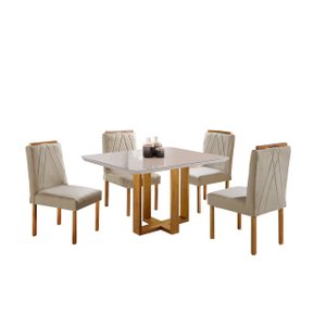 Conjunto Sala de Jantar 4 Lugares Paris Madeira Maciça Mesa Quadrada Veludo Bege