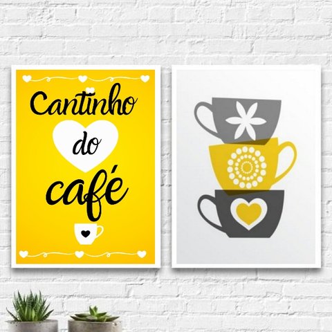 Kit 2 Quadros Cantinho Do Café Amarelo 33x24cm:Madeira branca