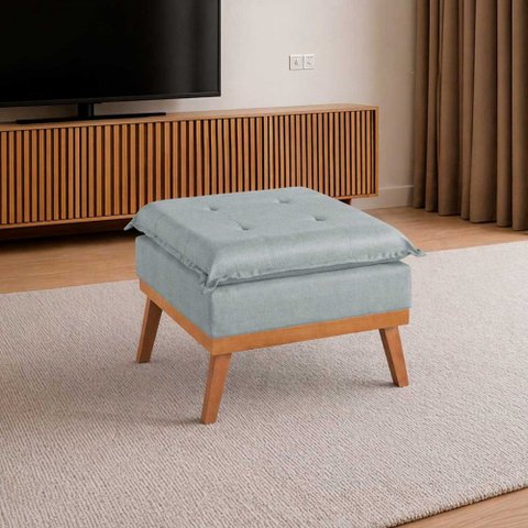 Puff Quadrado Linho Pillow Estofado Sala Quarto Pé Madeira Cinza