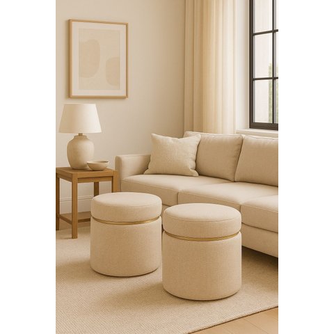 Kit Puffs Cinta Dourada Suerior Bege Linho