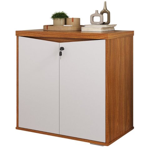 Balcão para Escritório com Chave Multiuso 2 Portas Unik A02 Freijó Branco - Lyam Decor