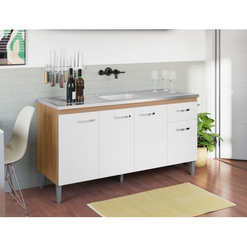 Balcão Gabinete P/ Pia Gabriela com Tampo 150 Cm Ajl Móveis - Amêndoa/branco