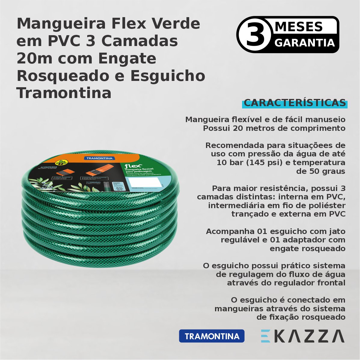 Mangueira Flex Pvc 3 Cam 20m C/ Engate Rosqueado Esguicho - Tramontina - 4