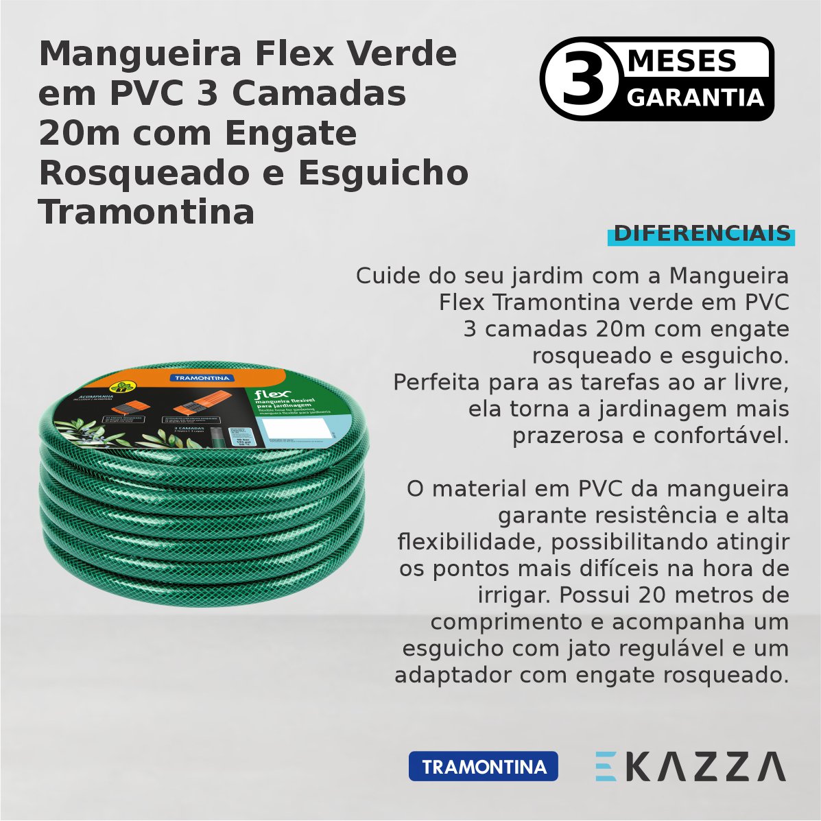 Mangueira Flex Pvc 3 Cam 20m C/ Engate Rosqueado Esguicho - Tramontina - 3