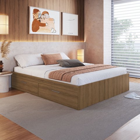 Cama Queen 162cm X 202cm Compartimento C/ Portas Basculantes Cor:mel