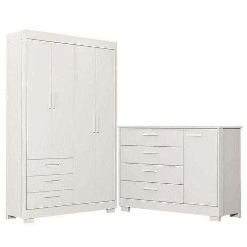 Cômoda com Porta e Guarda Roupa 4 Portas Infantil Zaki Branco Acetinado - Reller
