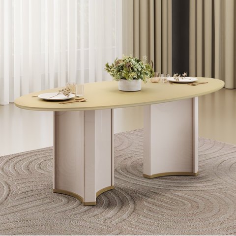 Mesa para Sala de Jantar 218cm com Tampo Elipse Orgânico com Vidro Liz Branco/Off White/Dourado