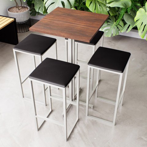 Conjunto Mesa Alta Bar Bistrô Quadrada Imbuia 4 Bancos Estofado Don Castro Decor