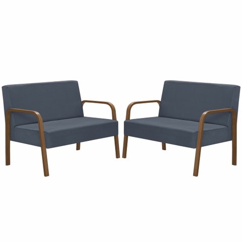 Kit Poltrona Decorativa 2 Namoradeiras de 2 Lugares Jade Braço Madeira D Salla Suede Azul Bic