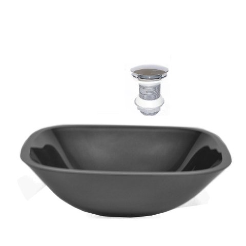 CUBA DE VIDRO QUADRADA 35CM PRETO + VALVULA CLICK